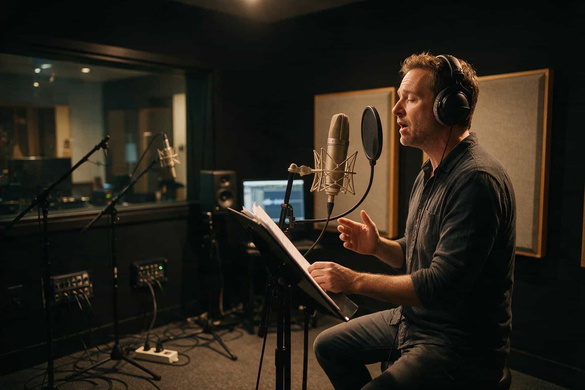 Voice actor at the microphone during a Galician recording session