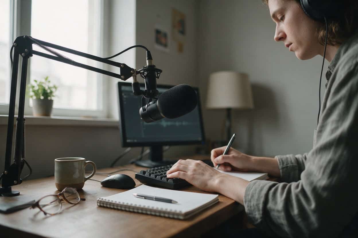 A transcriber listening through headphones and typing up a recording