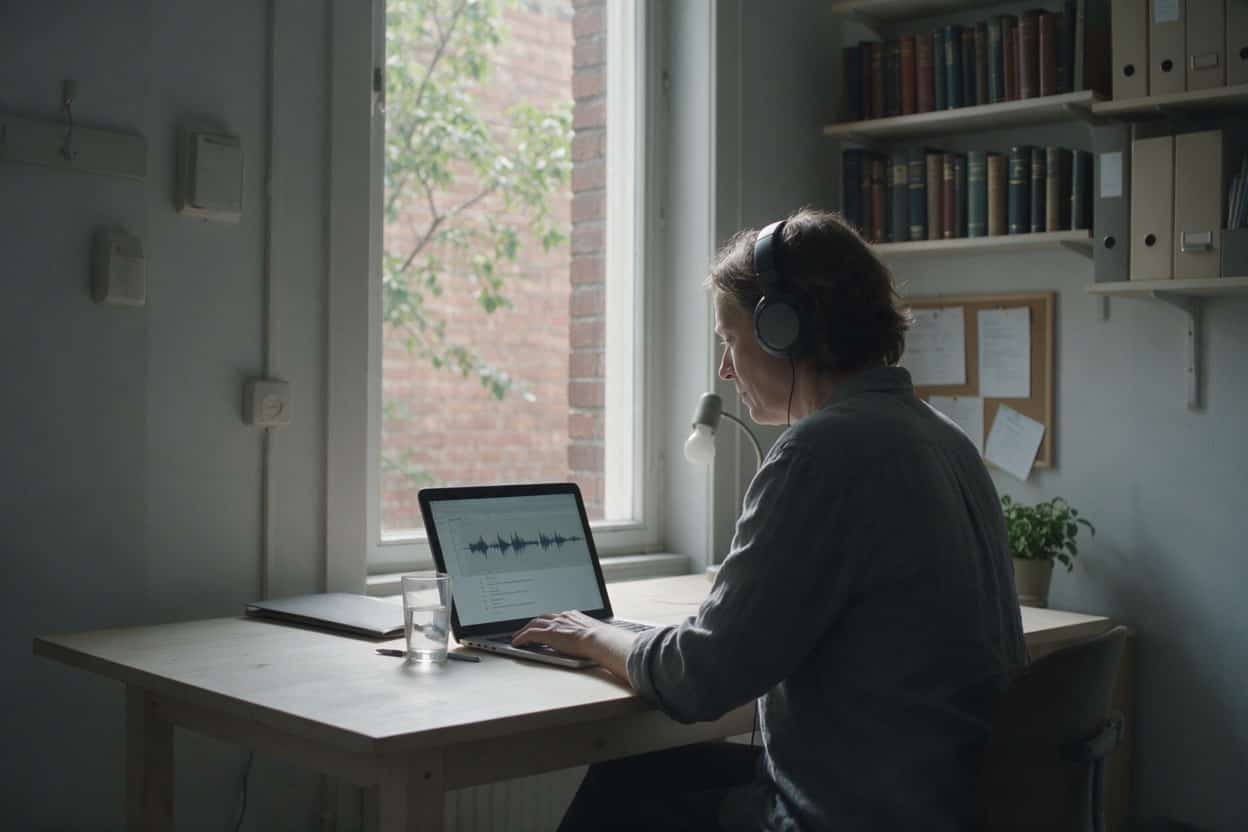 A transcriber listening through headphones and typing up a recording