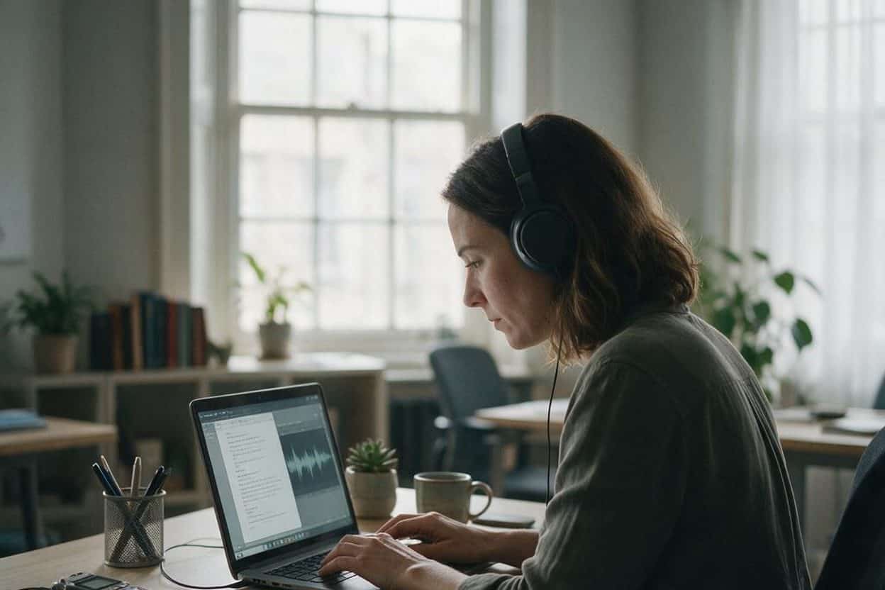 A transcriber listening through headphones and typing up a recording
