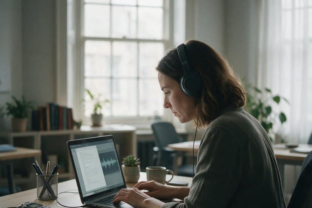 A transcriber listening through headphones and typing up a recording