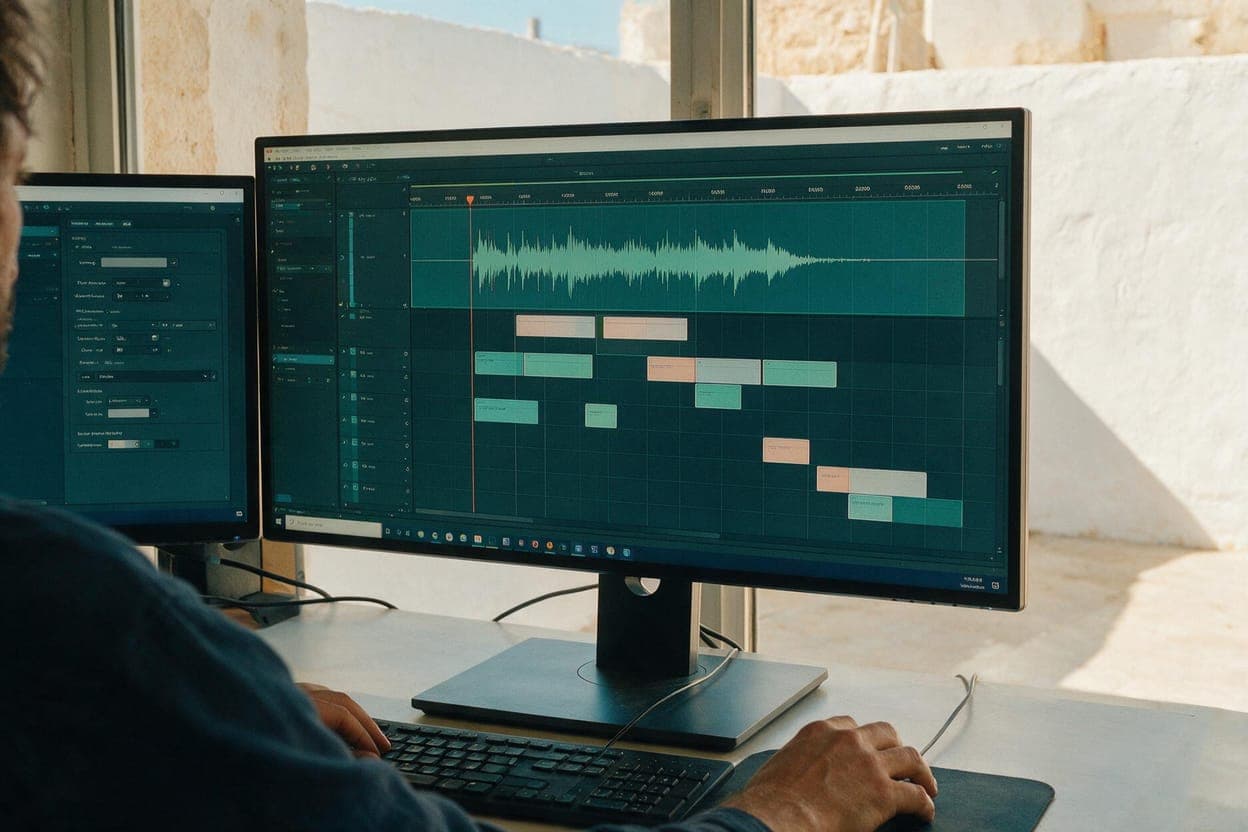 Hebrew subtitles being timed against video in a post-production suite