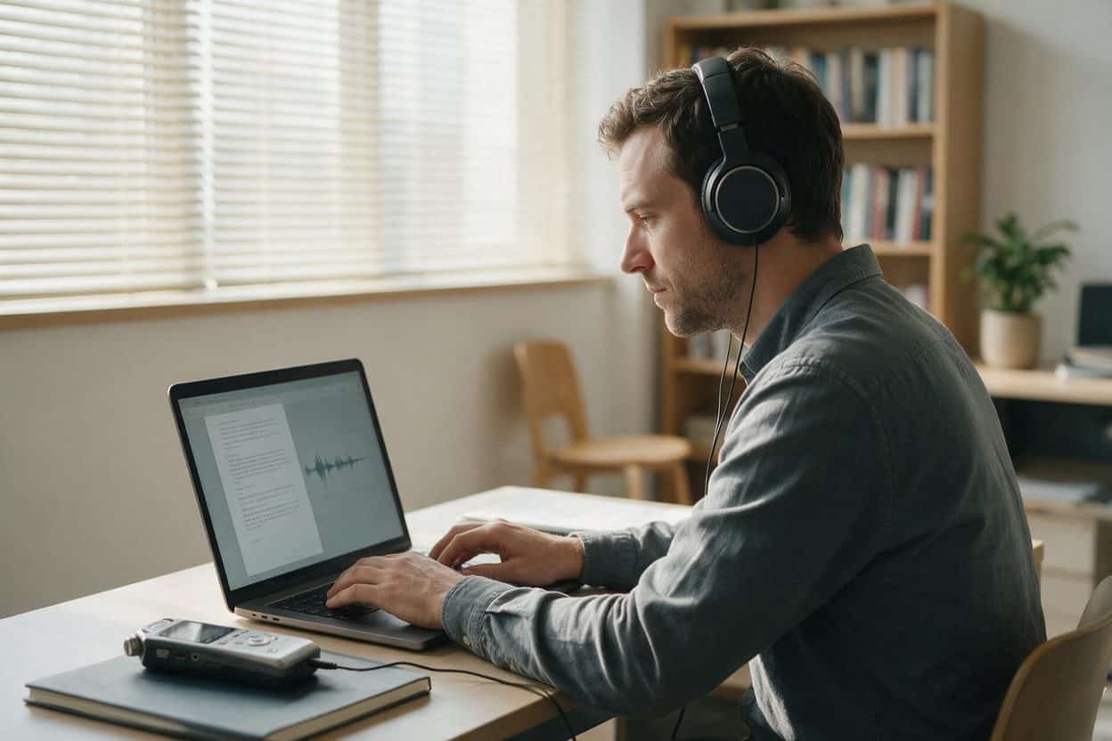A transcriber listening through headphones and typing up a recording