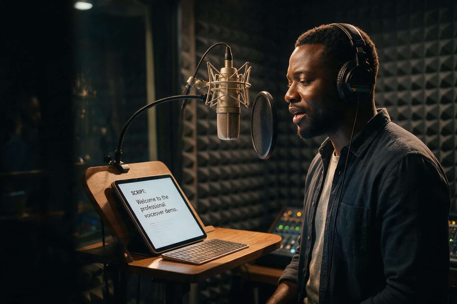 Professional West African English voice actor recording in a broadcast-quality studio