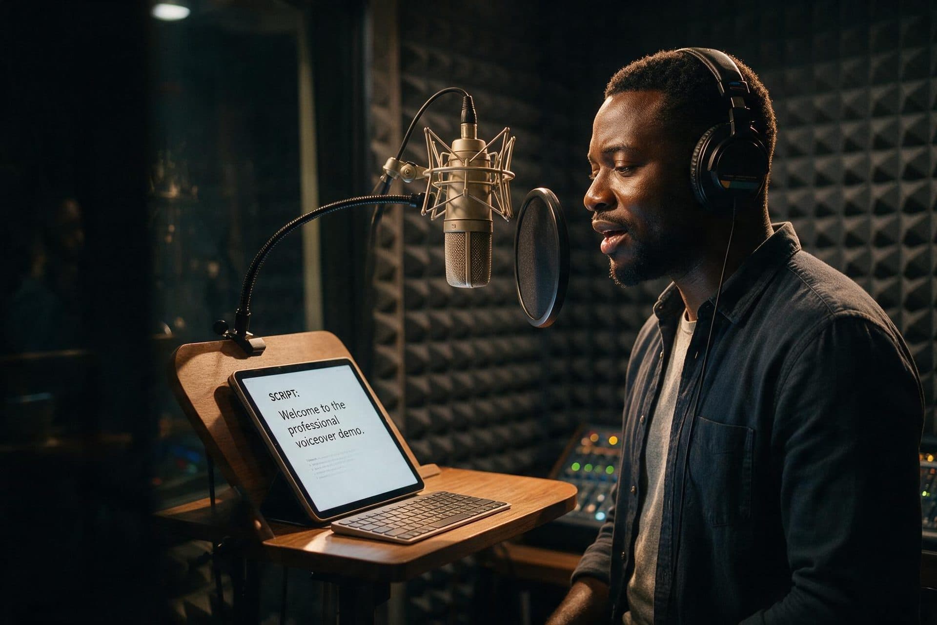 Professional West African English voice actor recording in a broadcast-quality studio