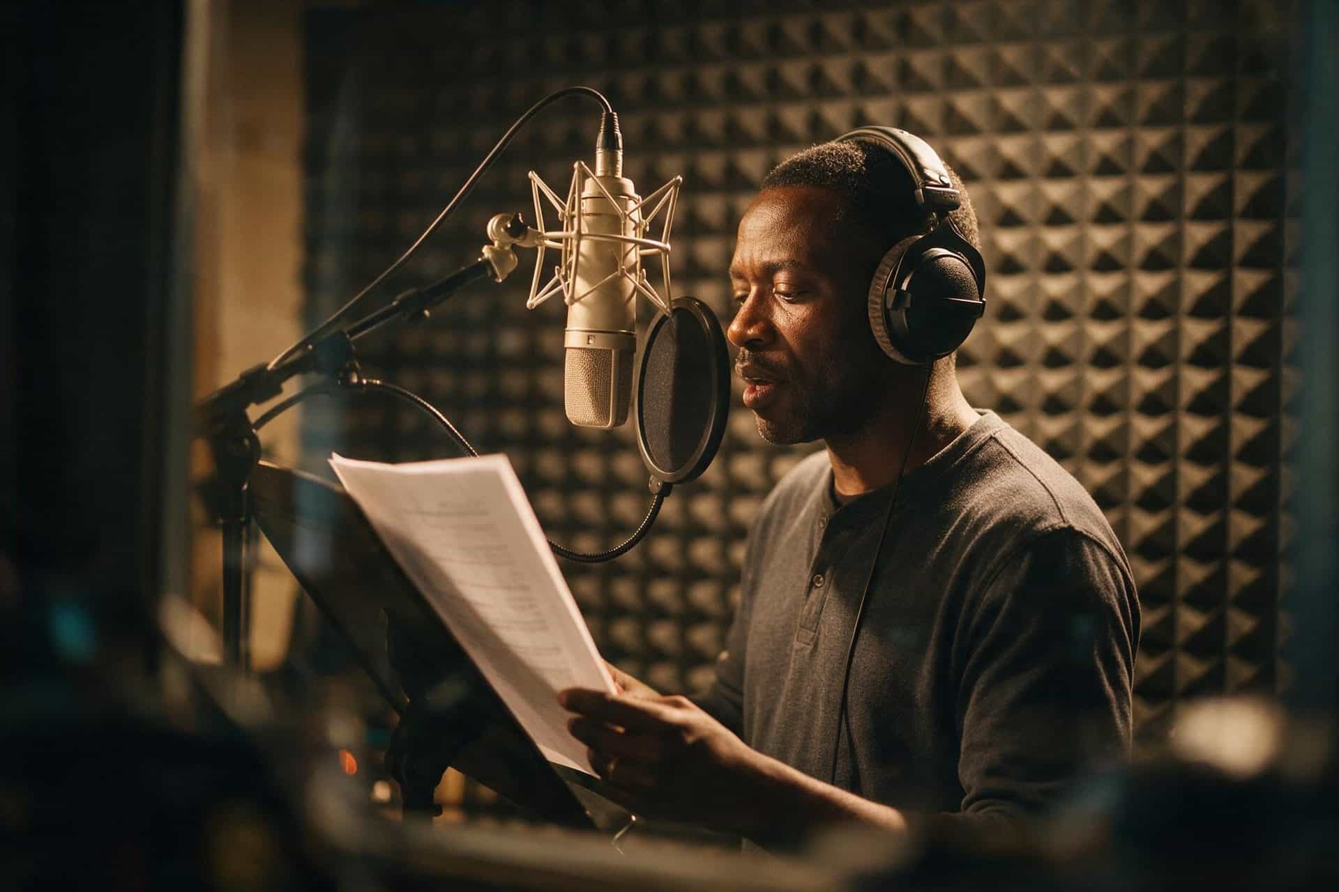 Luganda voice actor recording at a studio microphone in a soundproofed booth