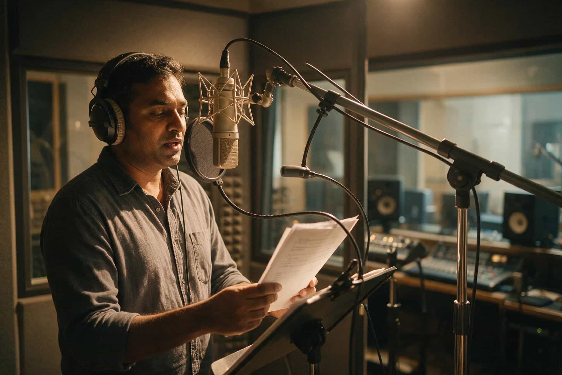Malayalam voice actor recording at a studio microphone in a soundproofed booth