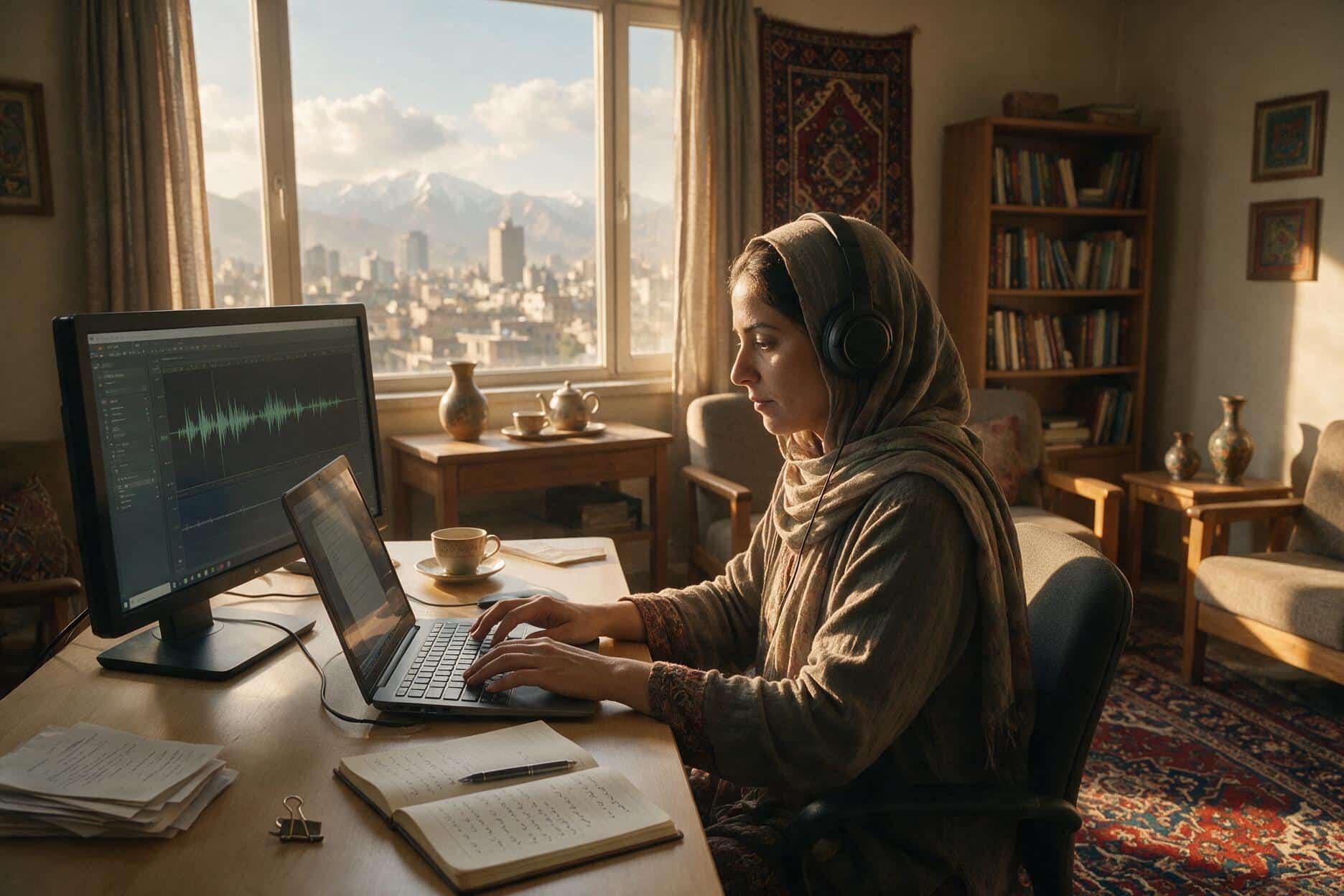A transcriber listening through headphones and typing up a Dari recording