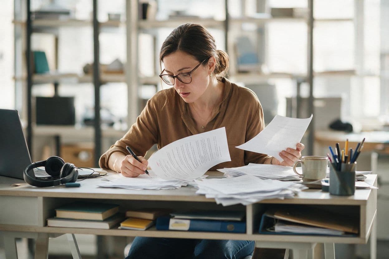 A linguist proofreading a printed transcript against the original recording