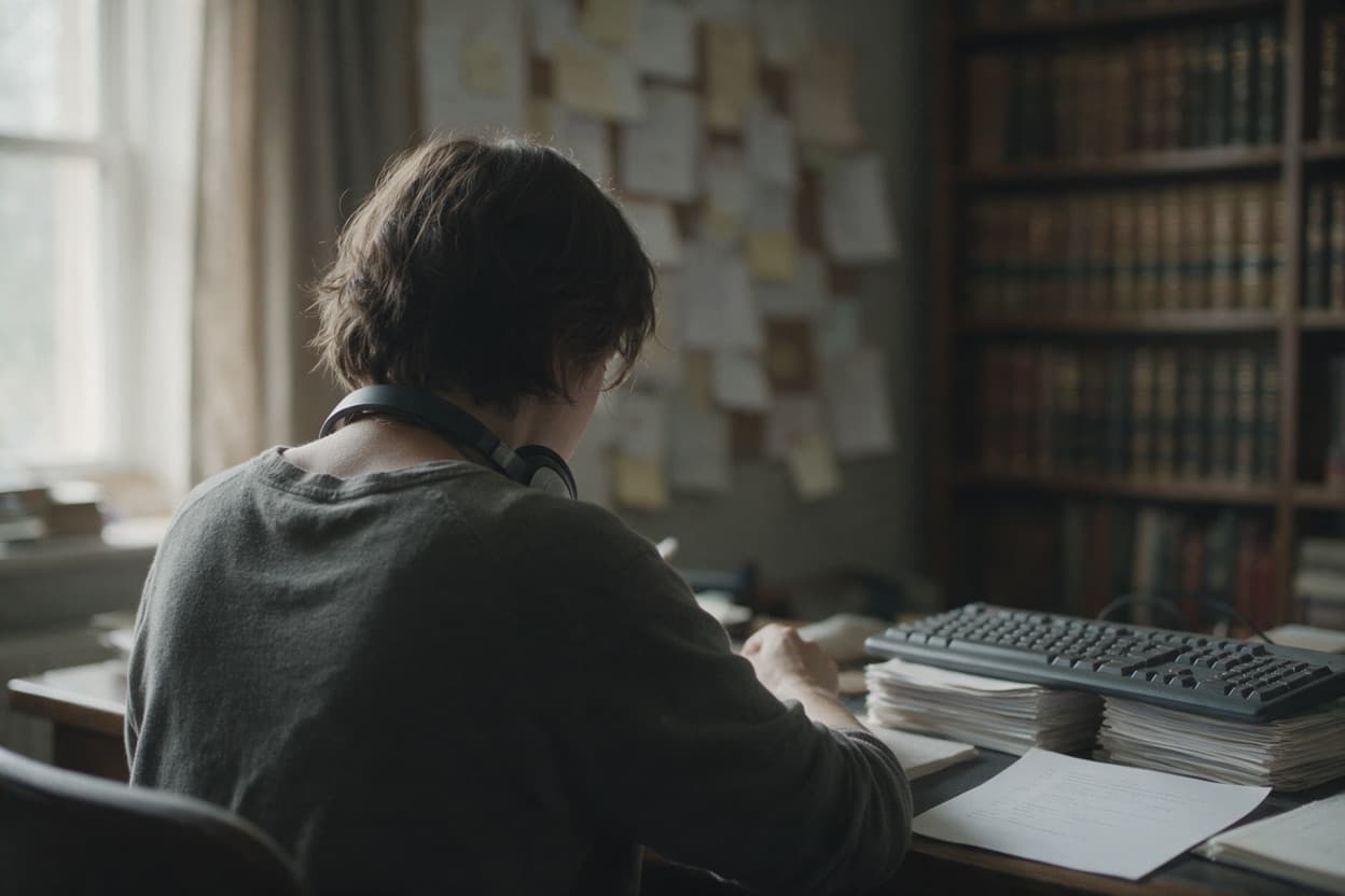 A linguist proofreading a printed transcript against the original recording