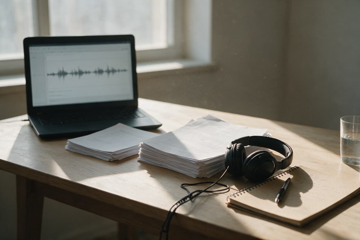 A linguist proofreading a printed transcript against the original recording