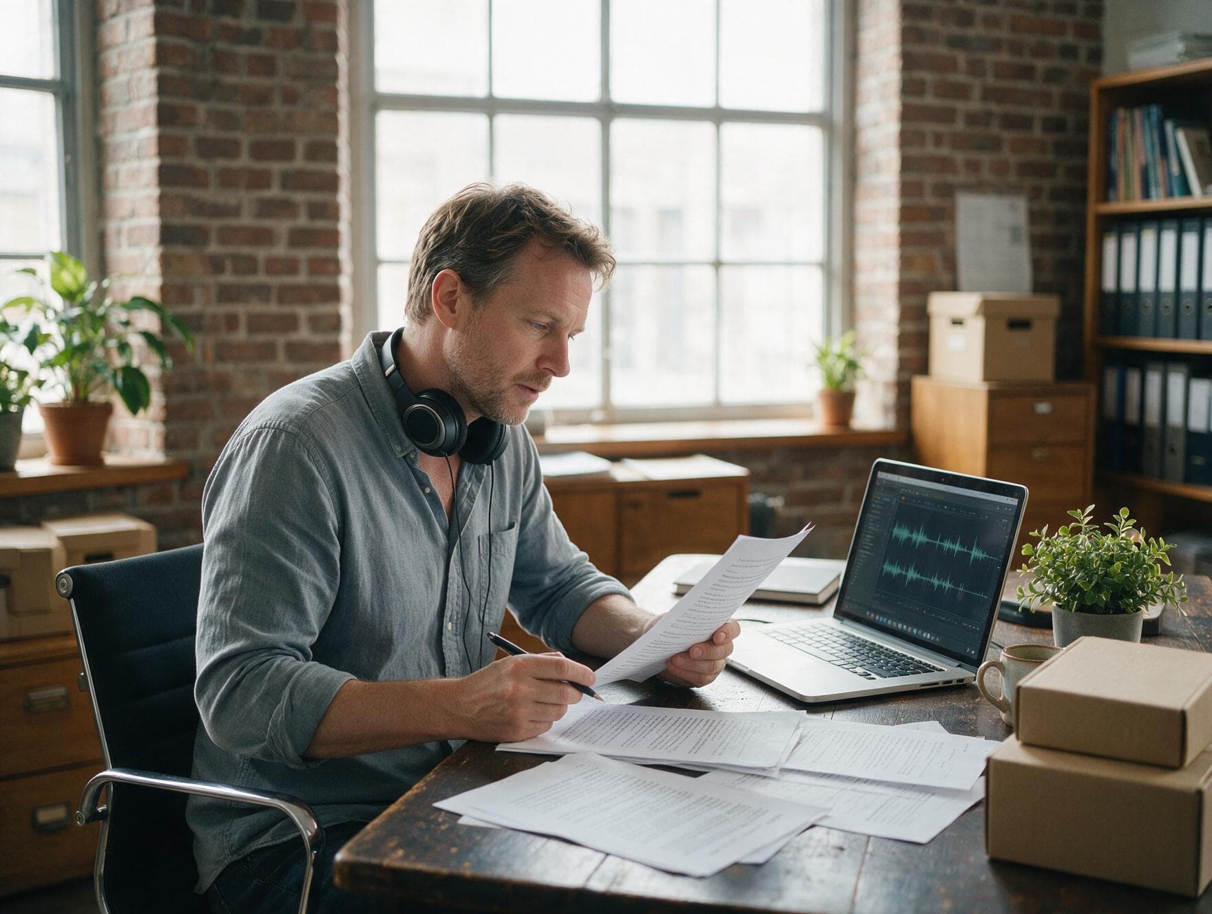 A linguist proofreading a printed Flemish transcript against the original recording