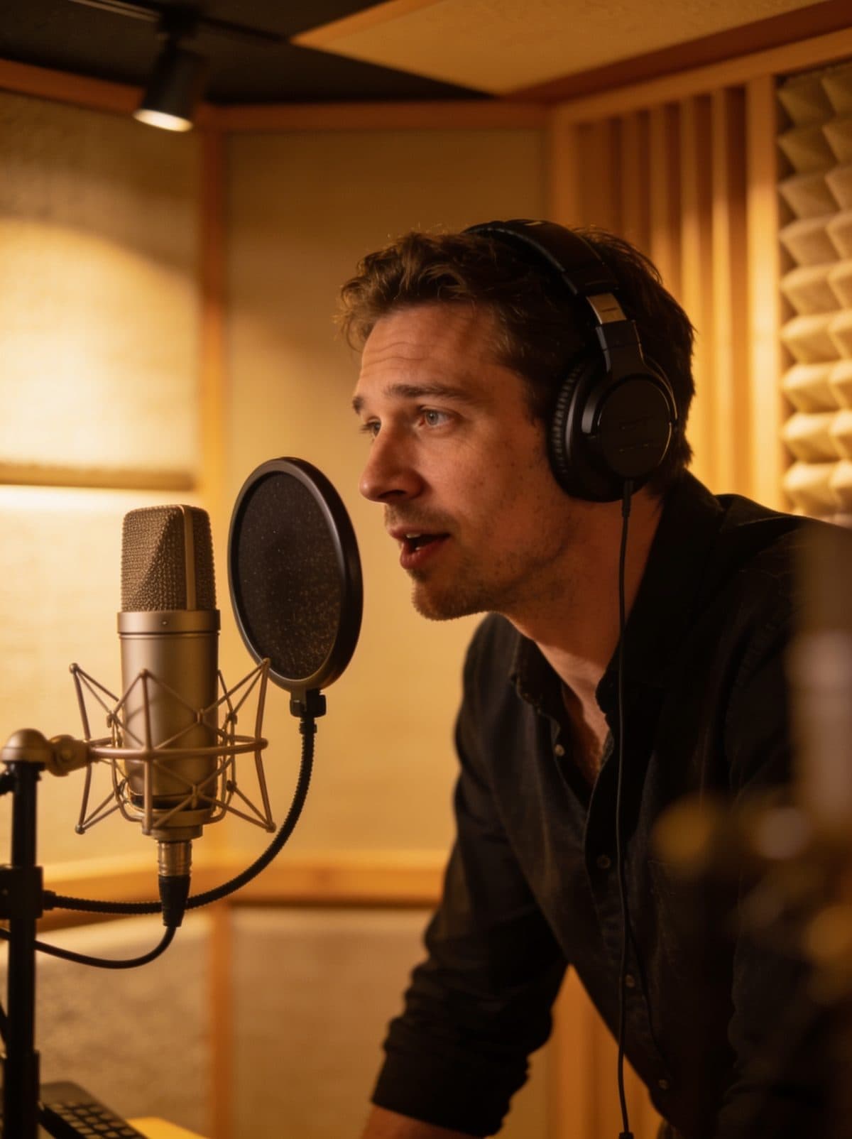 Voice actor recording a radio commercial in a sound booth