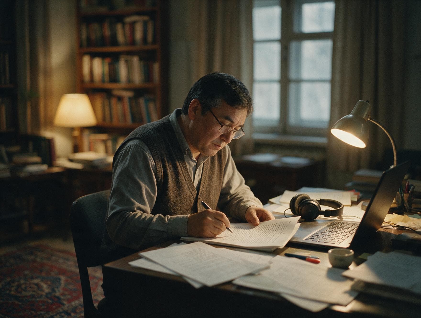 A linguist proofreading a printed Azerbaijani transcript against the original recording