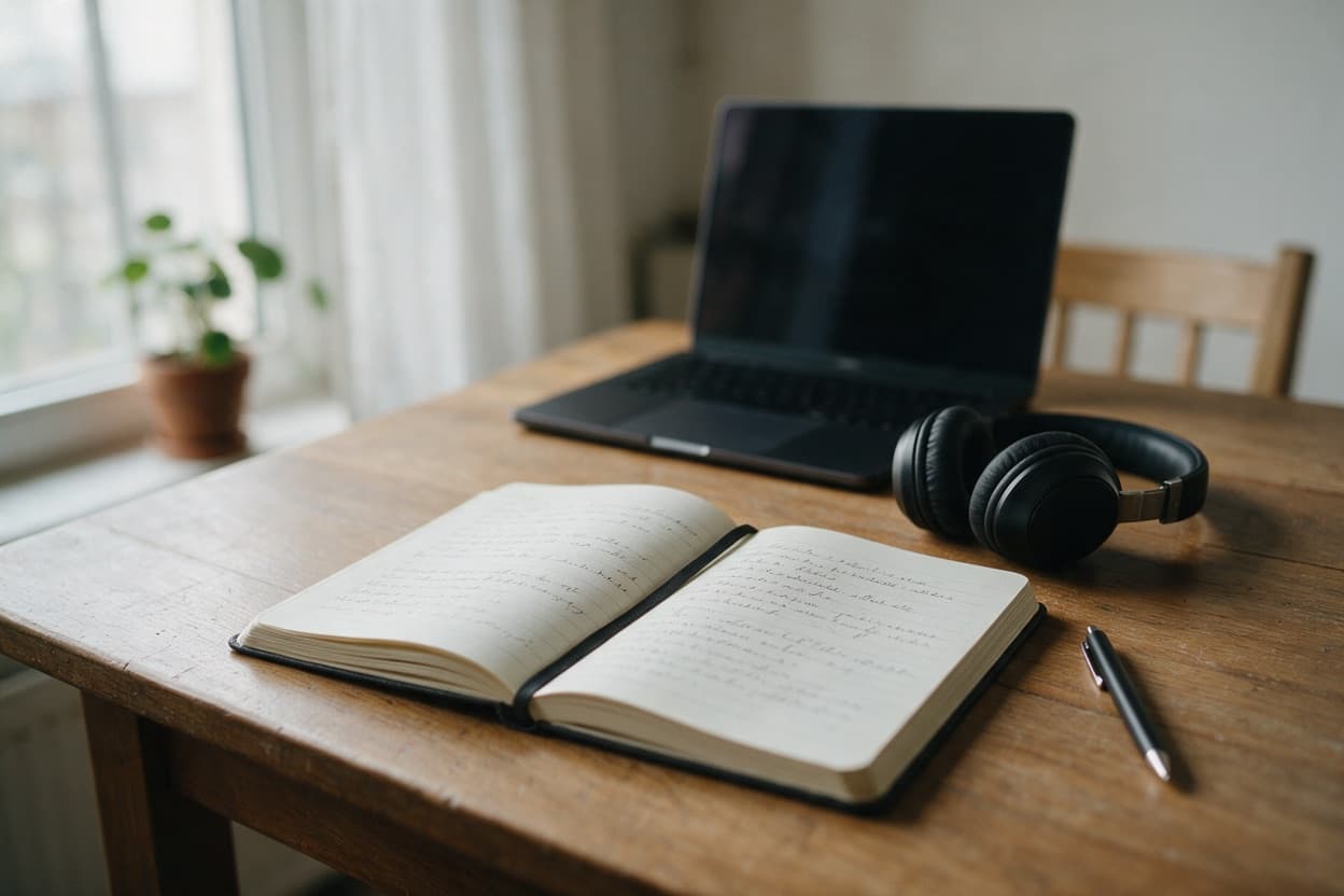 A linguist proofreading a printed transcript against the original recording
