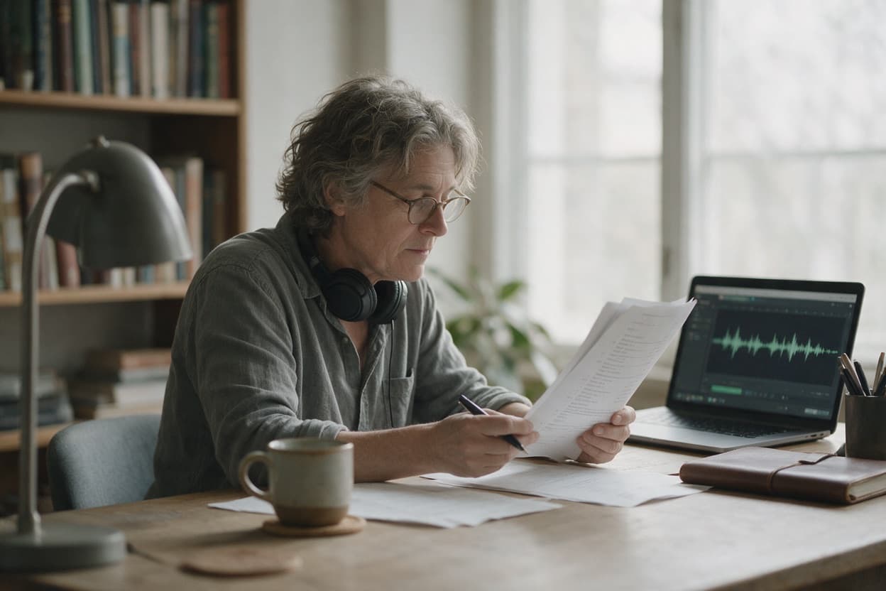 A linguist proofreading a printed transcript against the original recording
