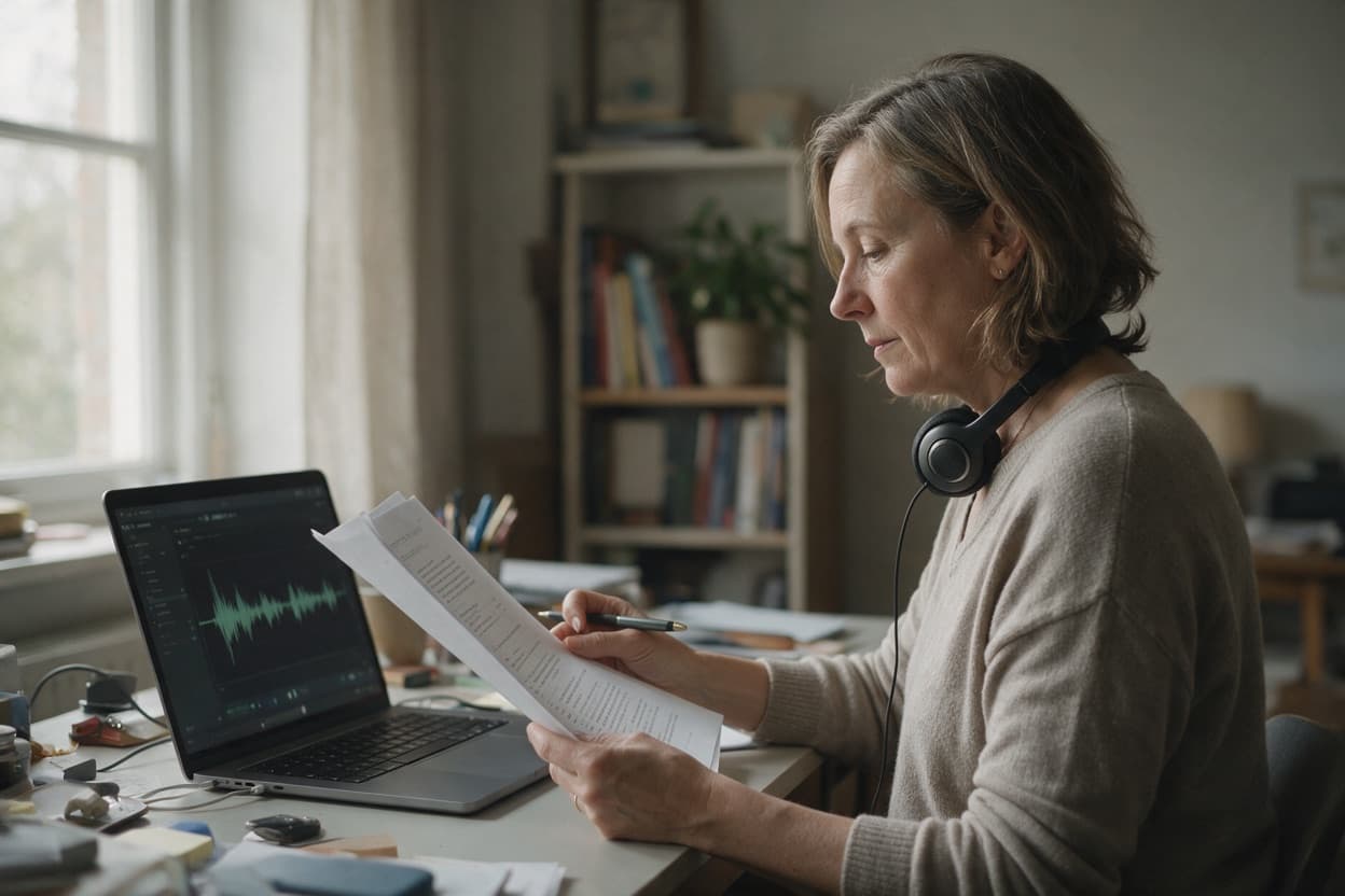 A linguist proofreading a printed transcript against the original recording