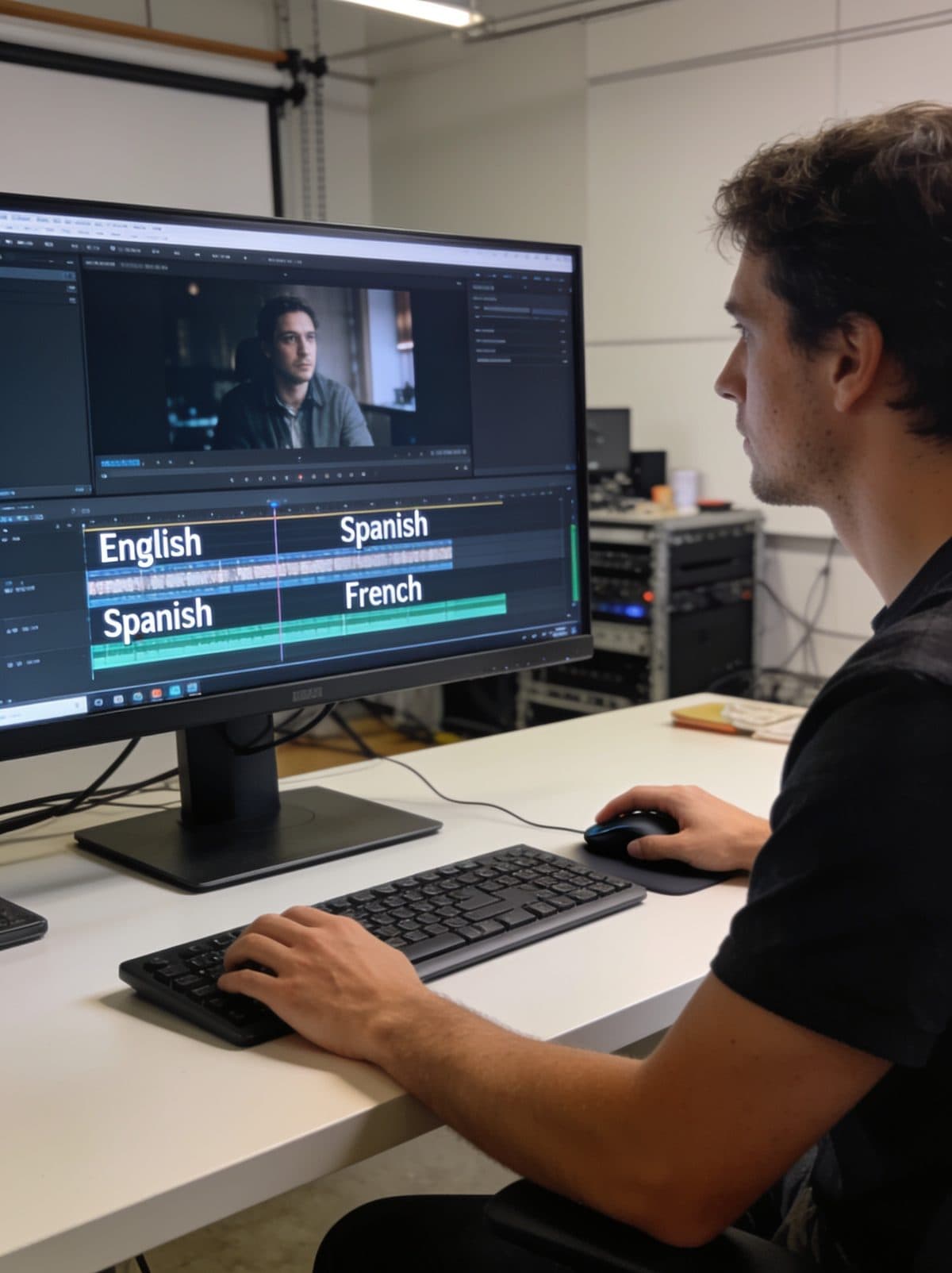 Subtitling specialist timing captions on a video editing timeline
