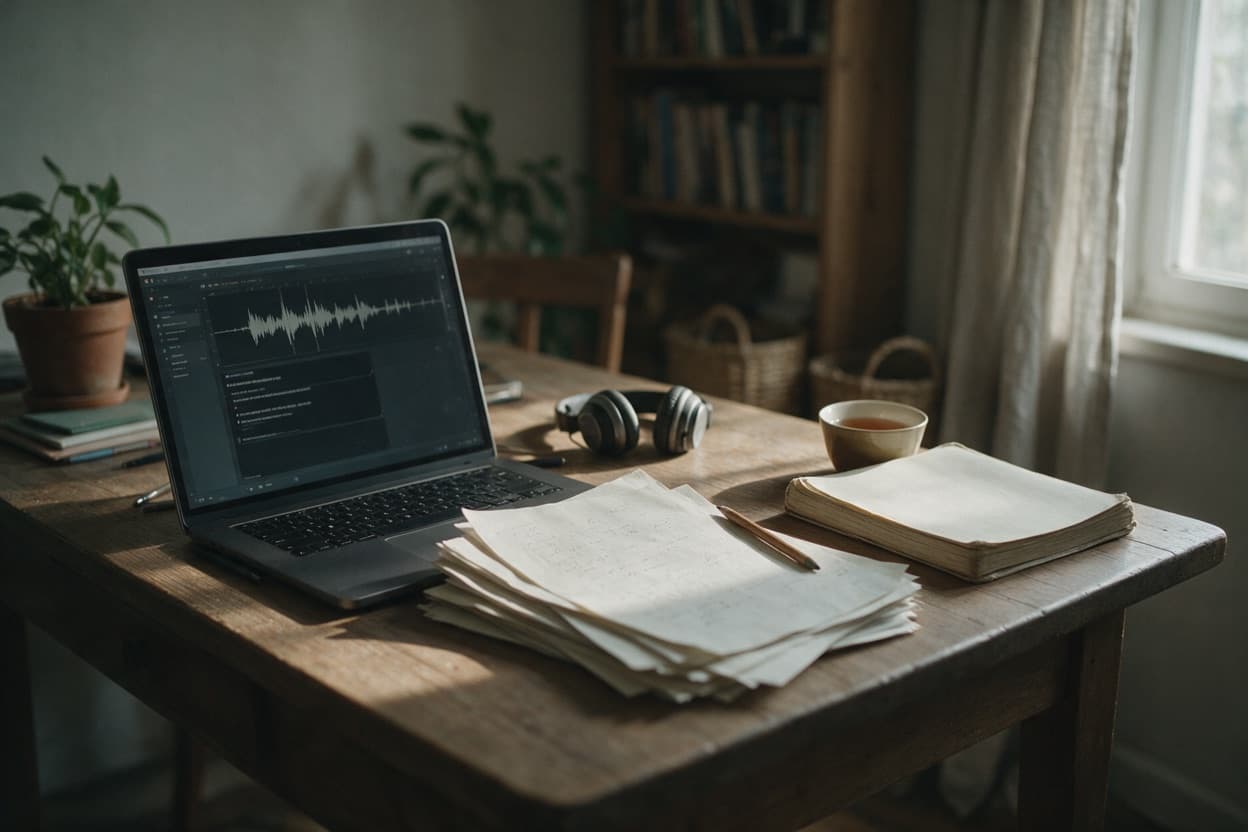 A linguist proofreading a printed transcript against the original recording