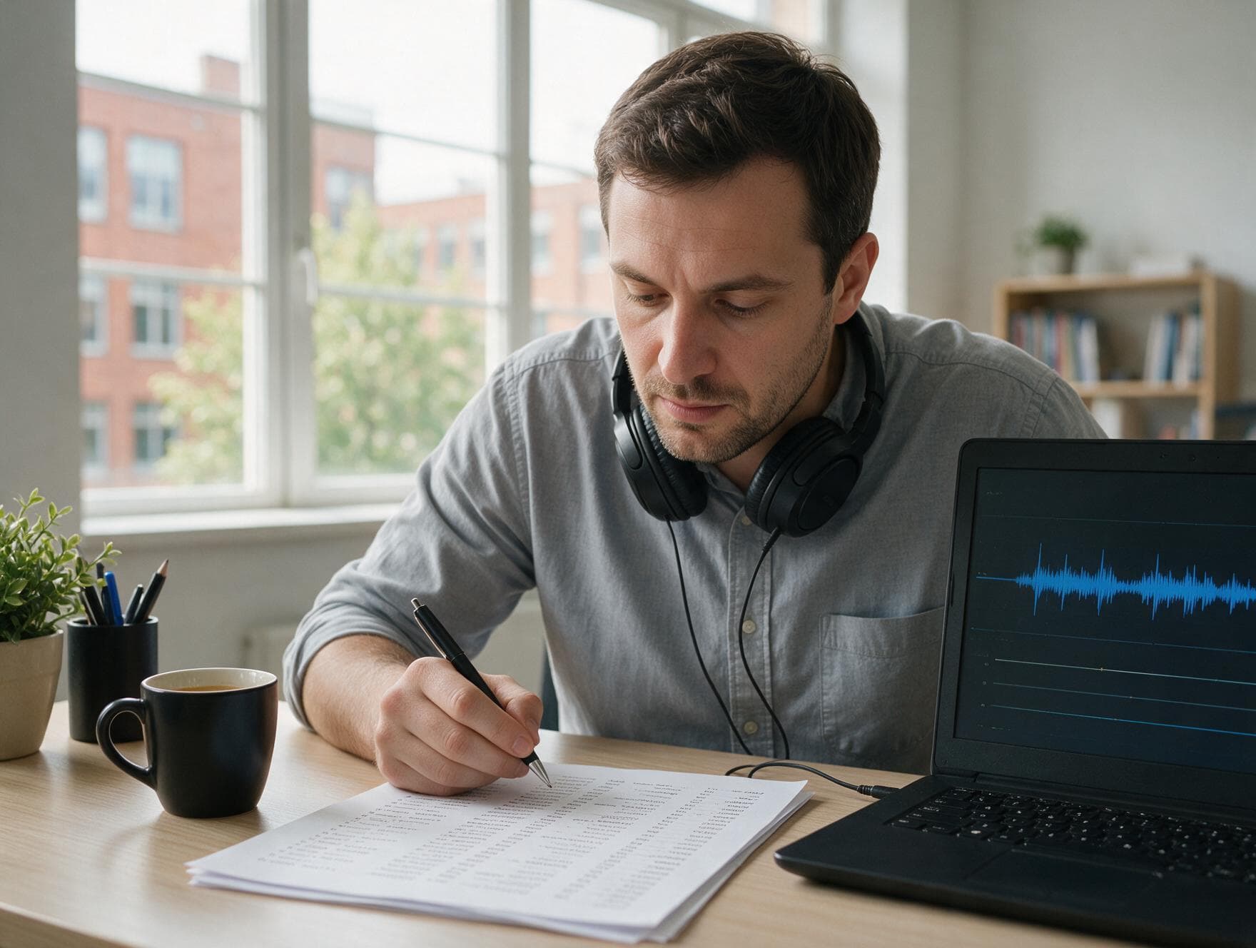 A linguist proofreading a printed Bosnian transcript against the original recording