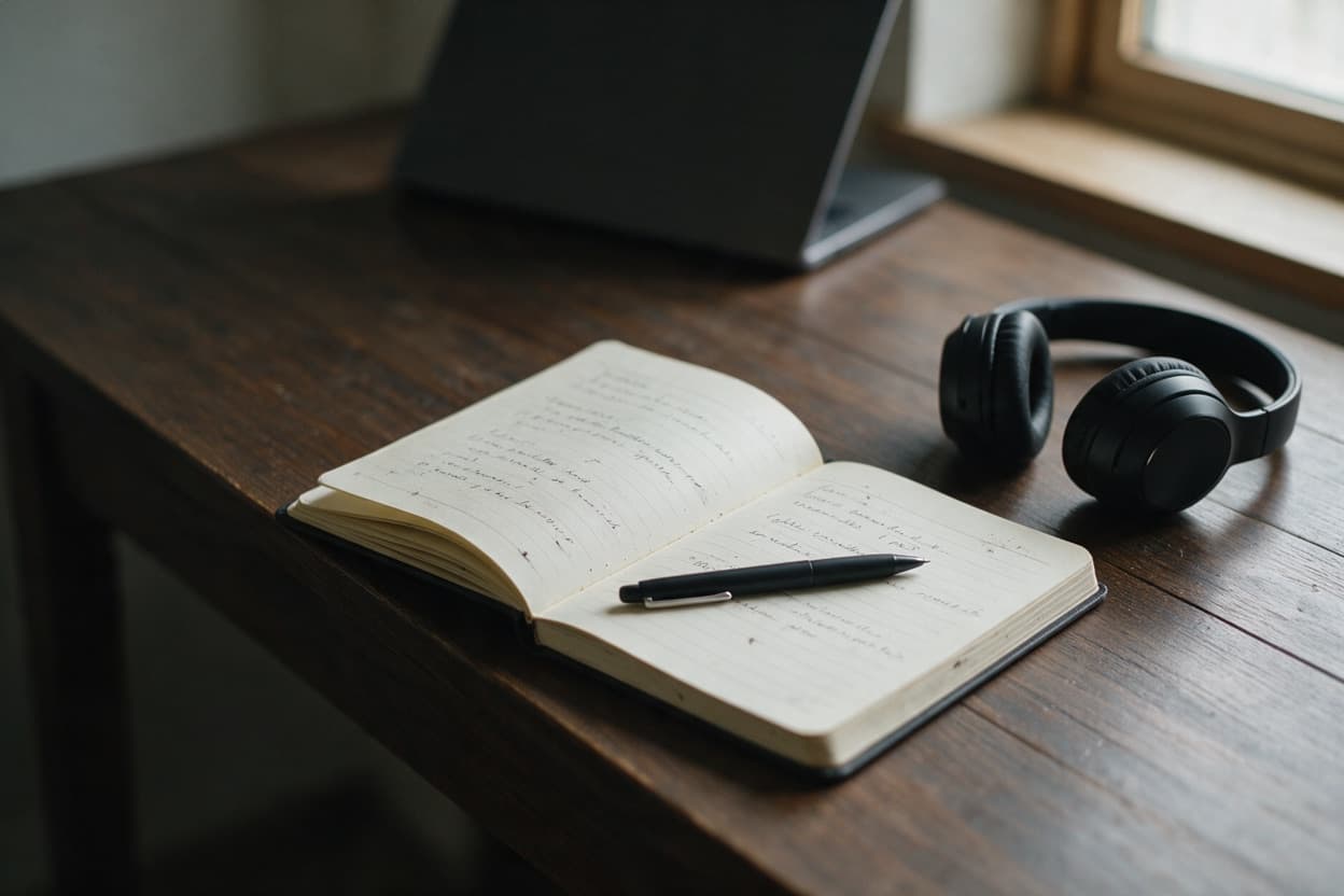 A linguist proofreading a printed transcript against the original recording
