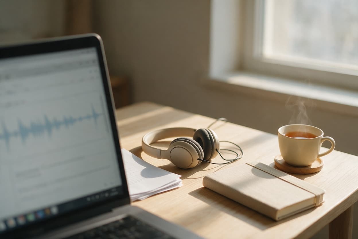 A linguist proofreading a printed transcript against the original recording