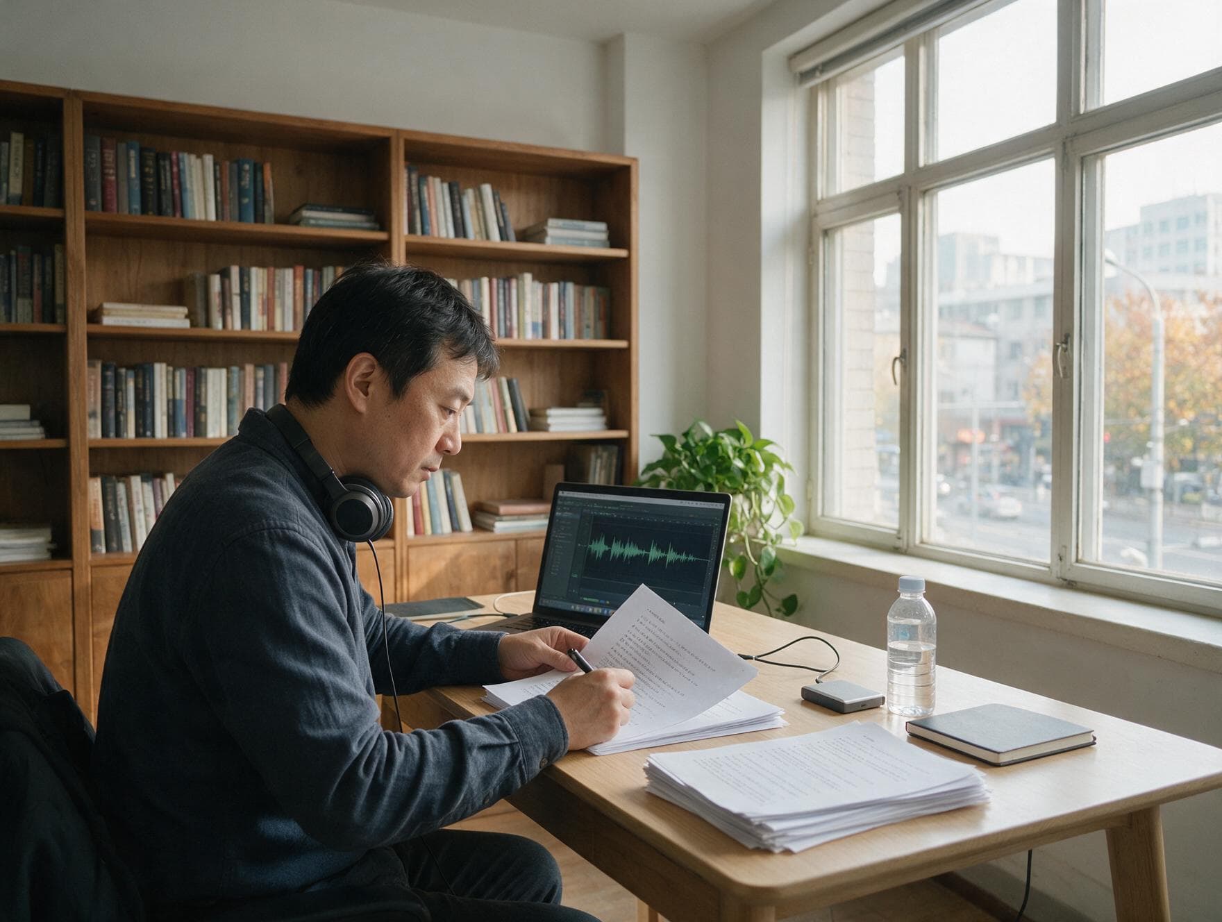 A linguist proofreading a printed Simplified Chinese transcript against the original recording
