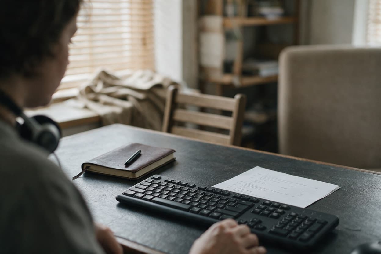 A linguist proofreading a printed transcript against the original recording