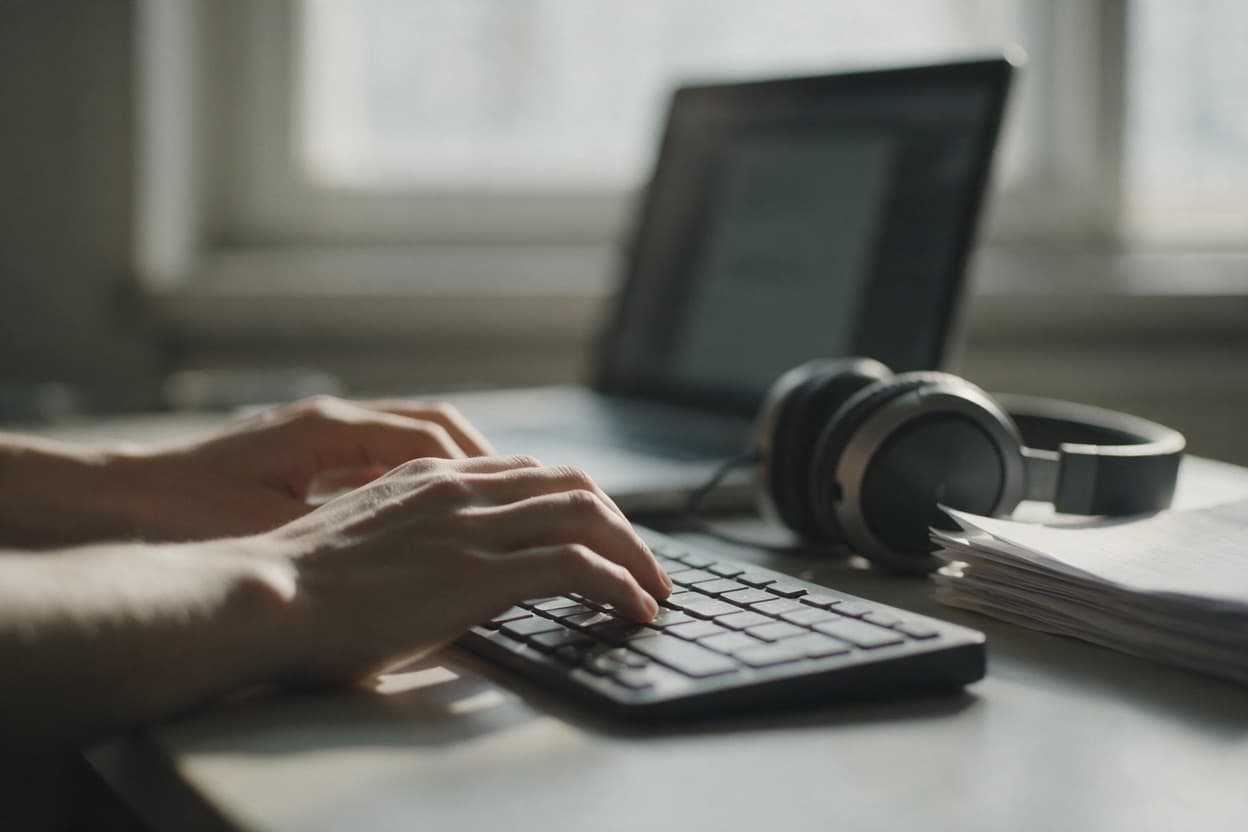 A linguist proofreading a printed transcript against the original recording