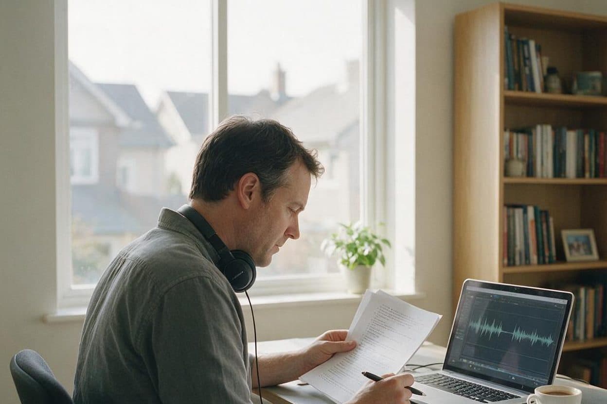 A linguist proofreading a printed transcript against the original recording