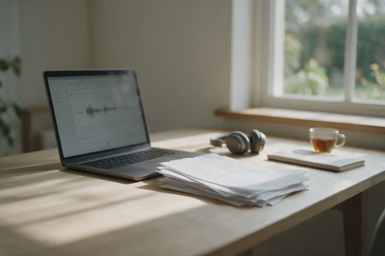 A linguist proofreading a printed transcript against the original recording