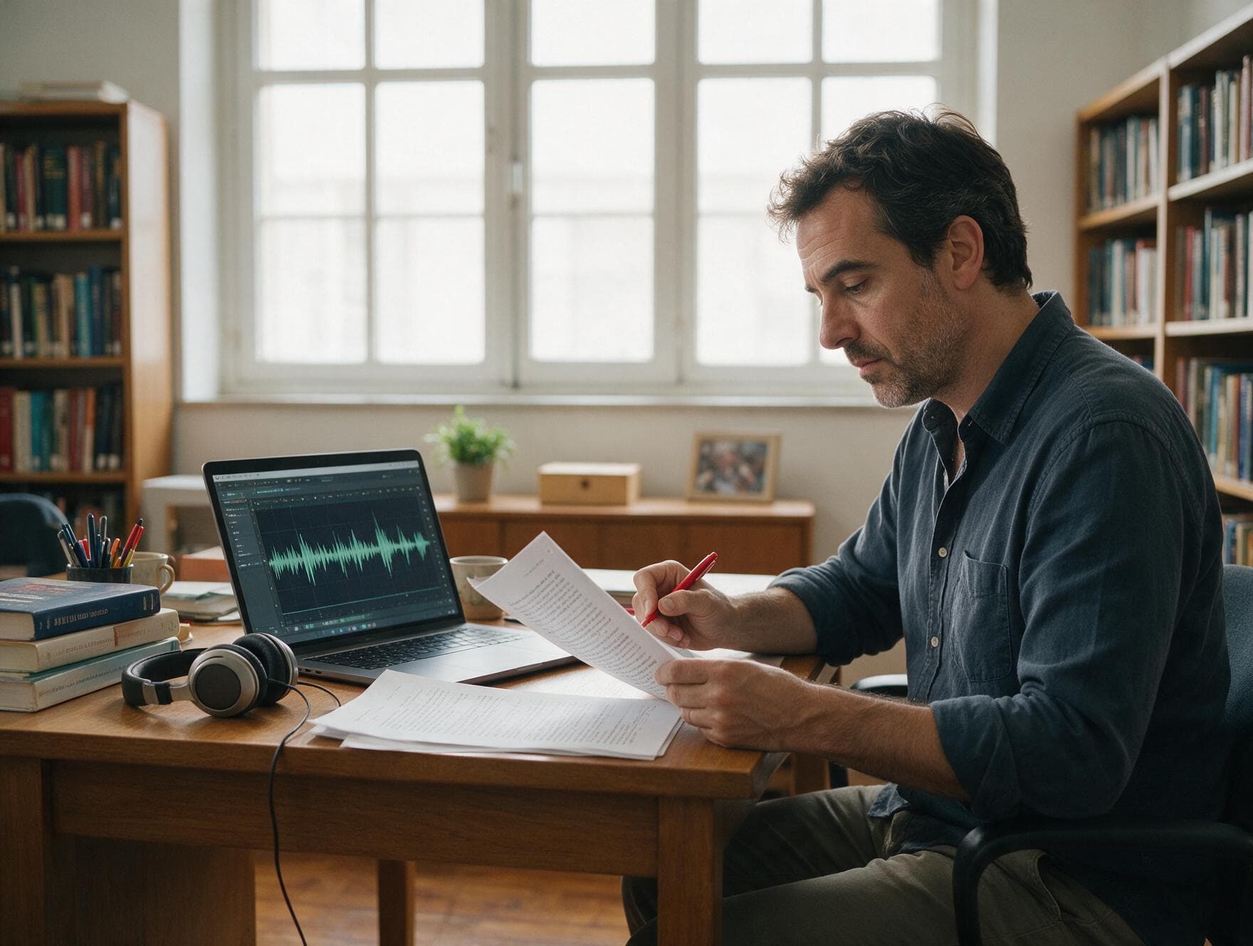 A linguist proofreading a printed Catalan transcript against the original recording