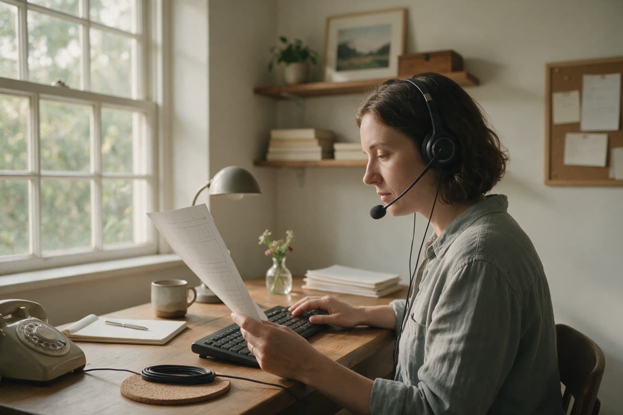 A linguist proofreading a printed transcript against the original recording