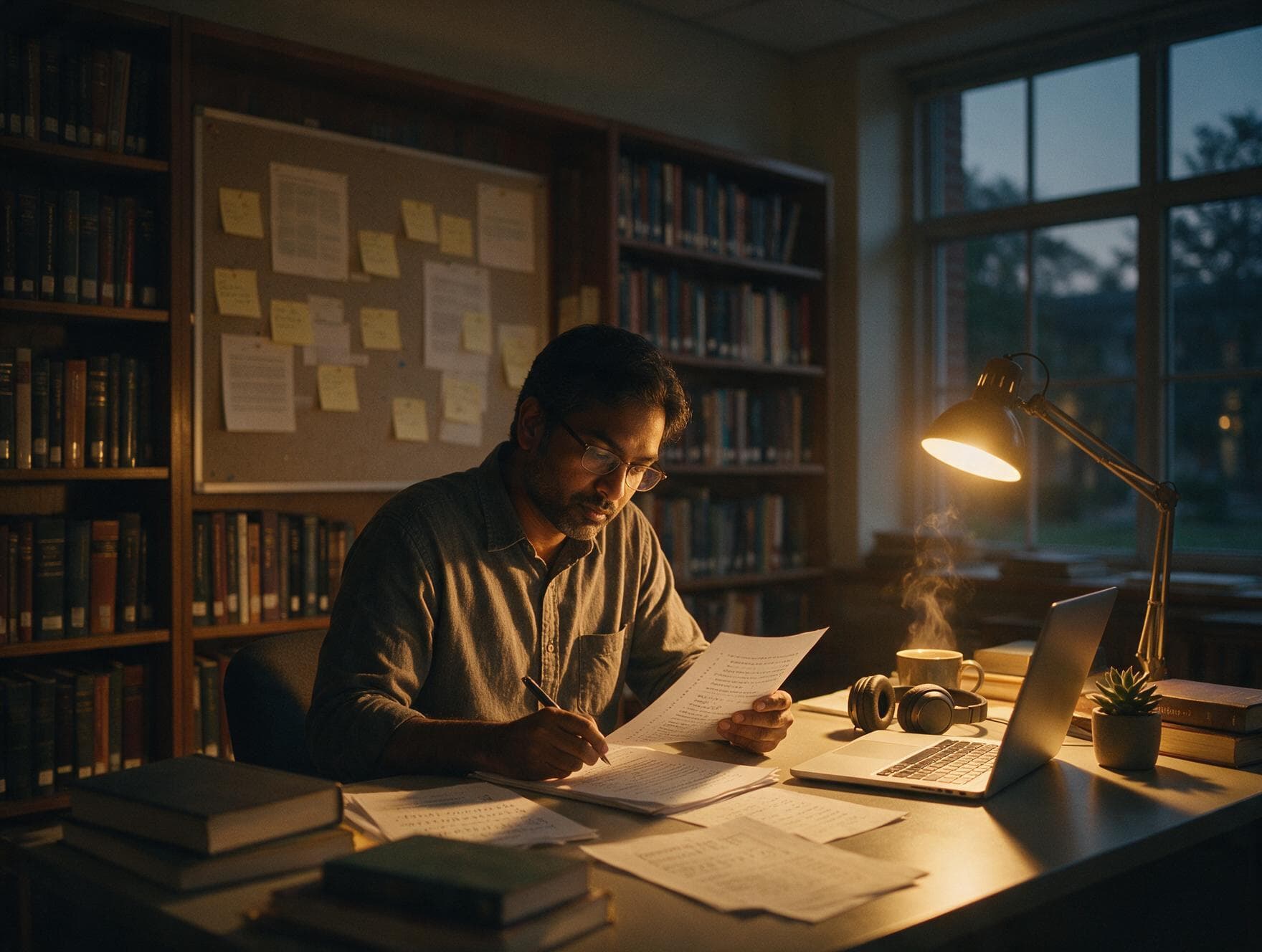 A linguist proofreading a printed transcript against the original recording