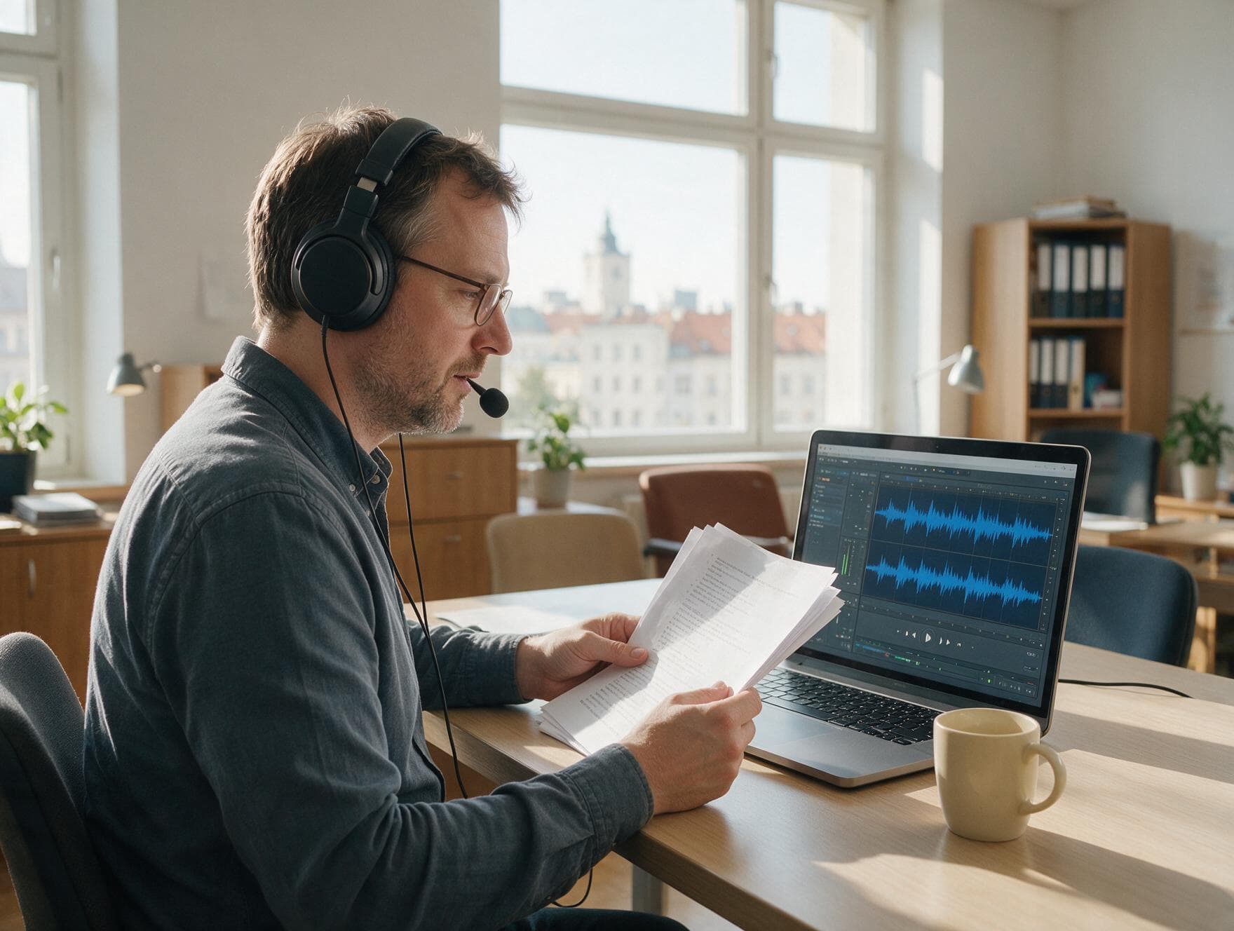 A linguist proofreading a printed Czech transcript against the original recording