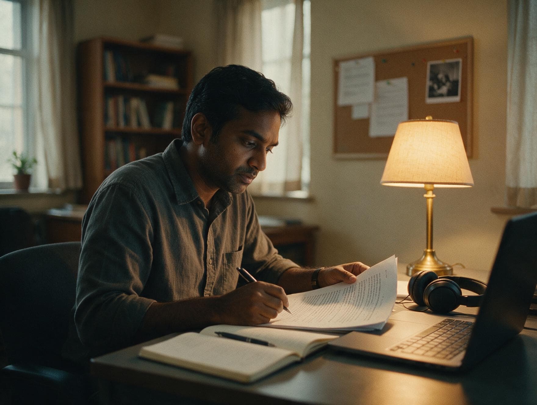 A linguist proofreading a printed Bhojpuri transcript against the original recording