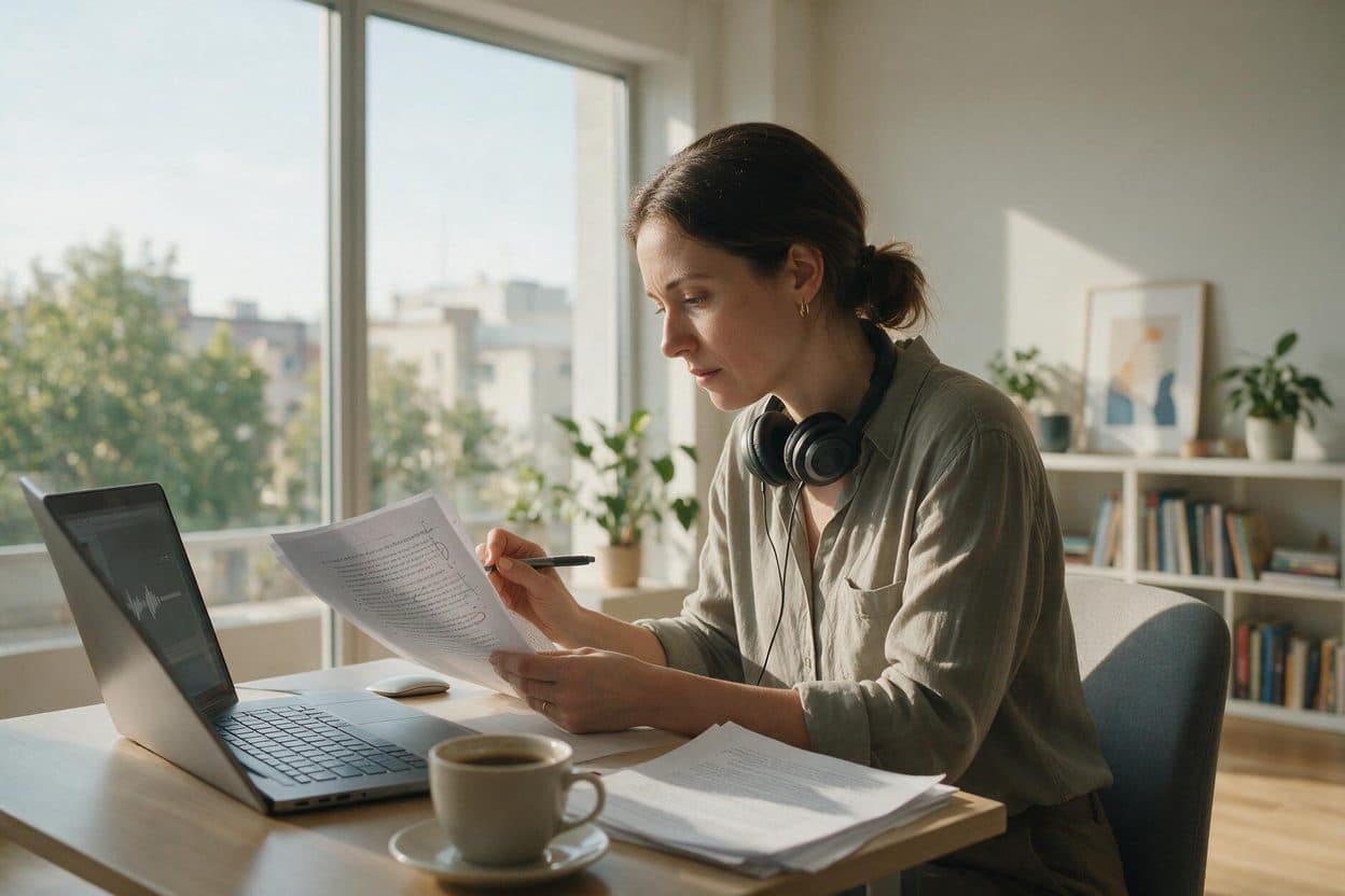A linguist proofreading a printed transcript against the original recording