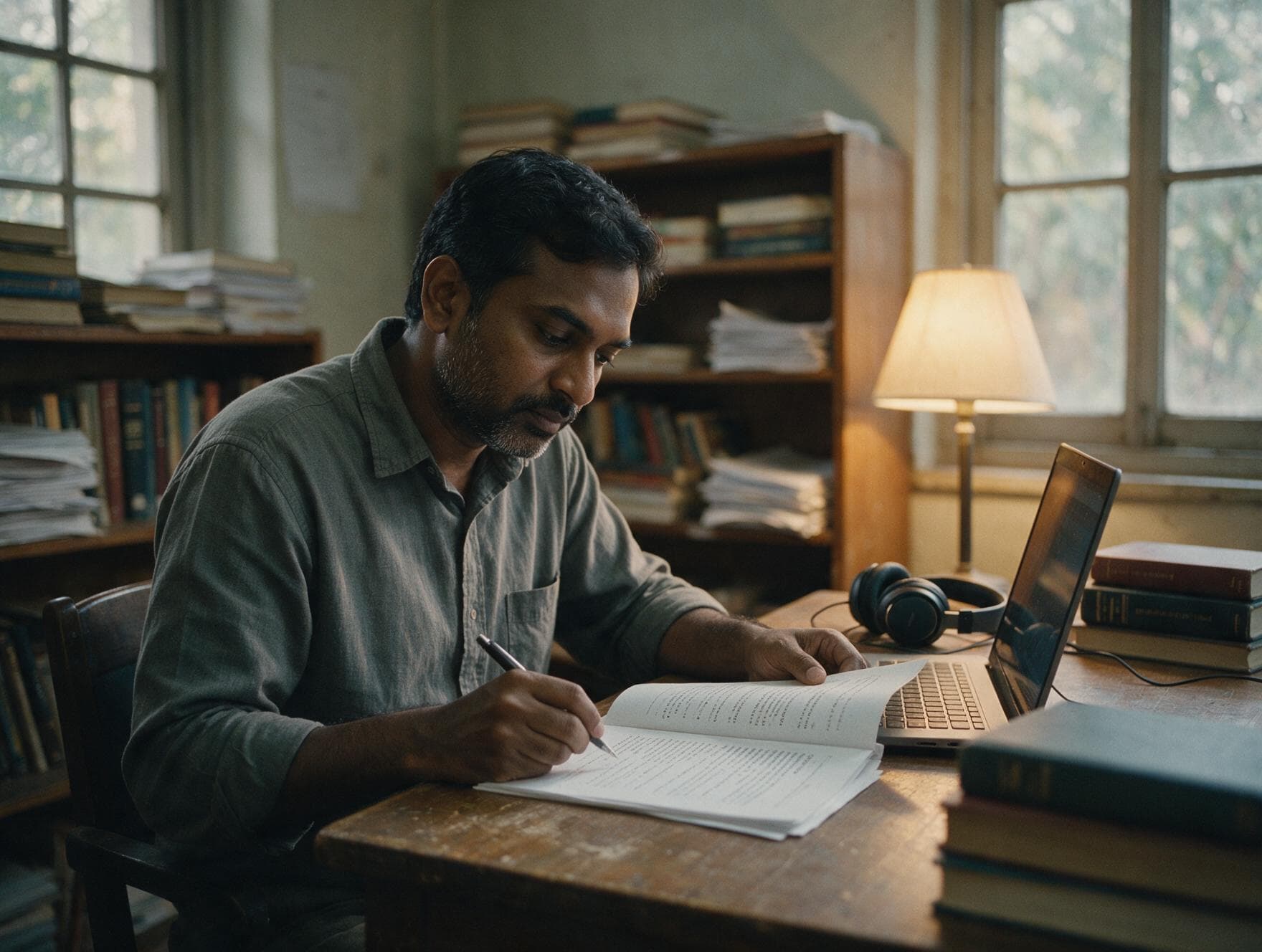 A linguist proofreading a printed Bengali transcript against the original recording
