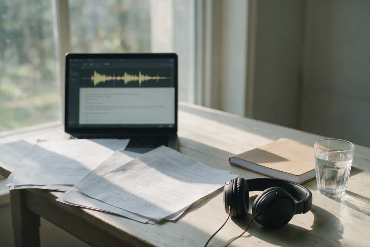 A linguist proofreading a printed transcript against the original recording