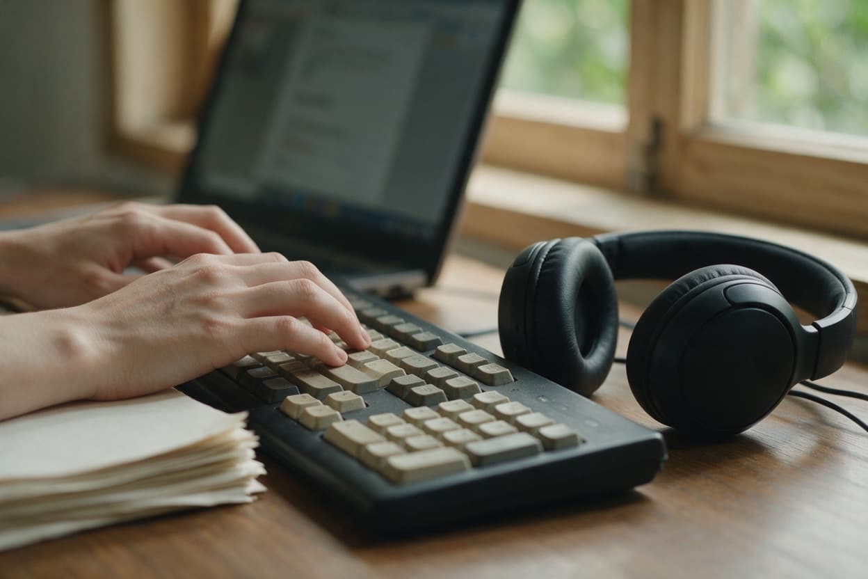 A linguist proofreading a printed transcript against the original recording