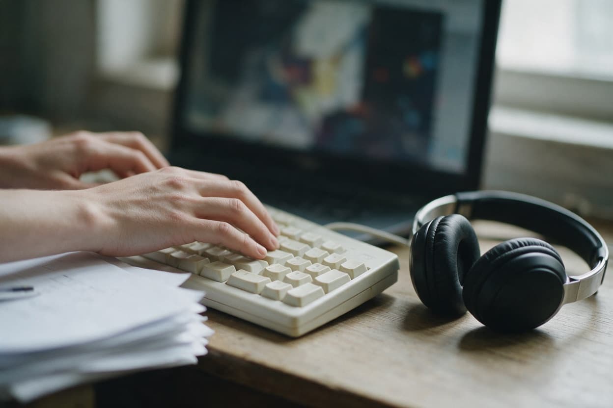 A linguist proofreading a printed transcript against the original recording