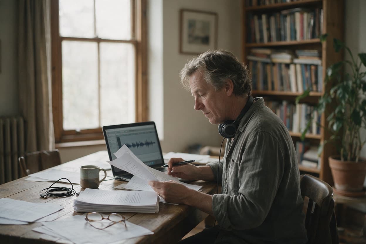 A linguist proofreading a printed transcript against the original recording