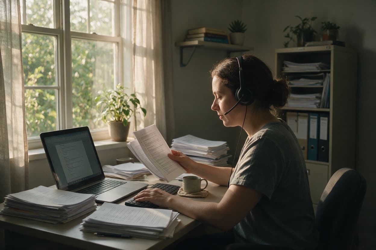 A linguist proofreading a printed transcript against the original recording