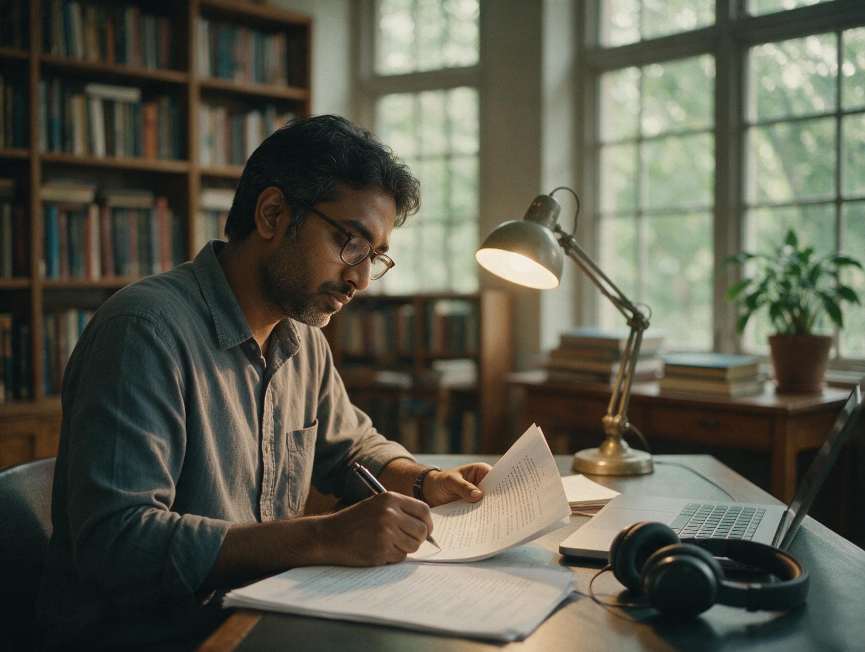 A linguist proofreading a printed Assamese transcript against the original recording