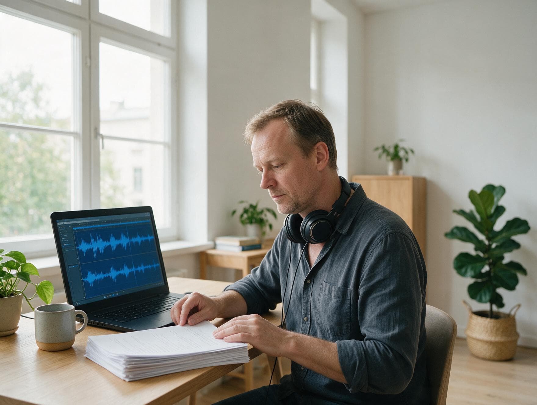 A linguist proofreading a printed transcript against the original recording