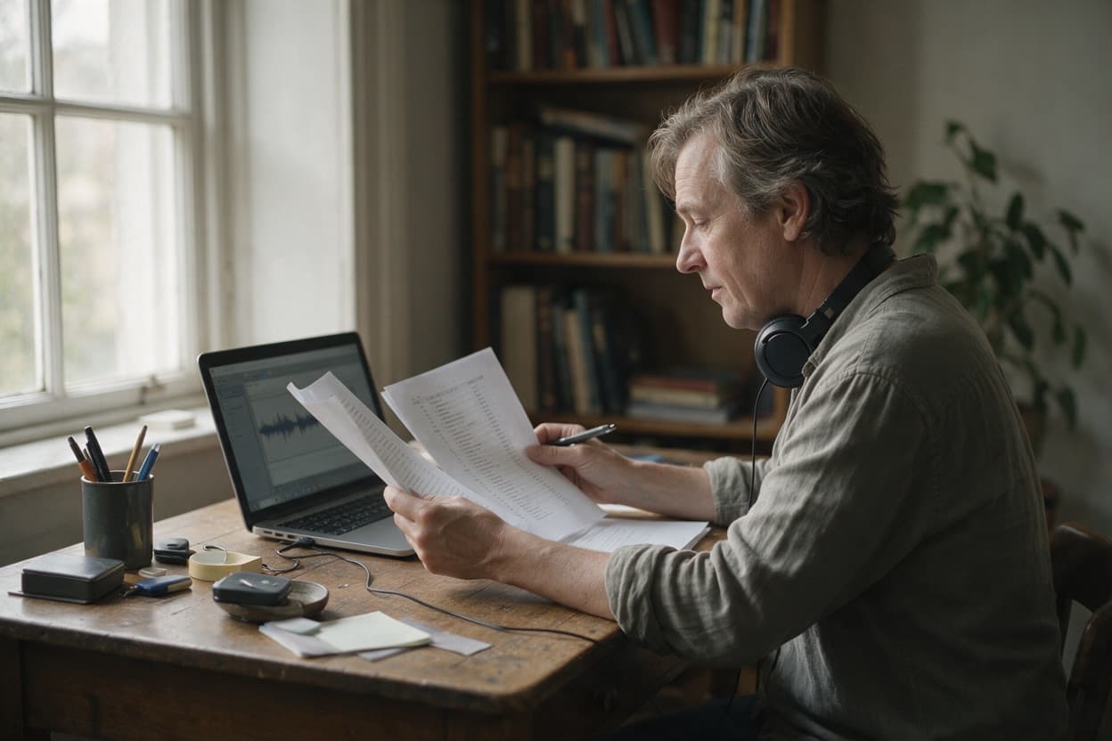 A linguist proofreading a printed transcript against the original recording