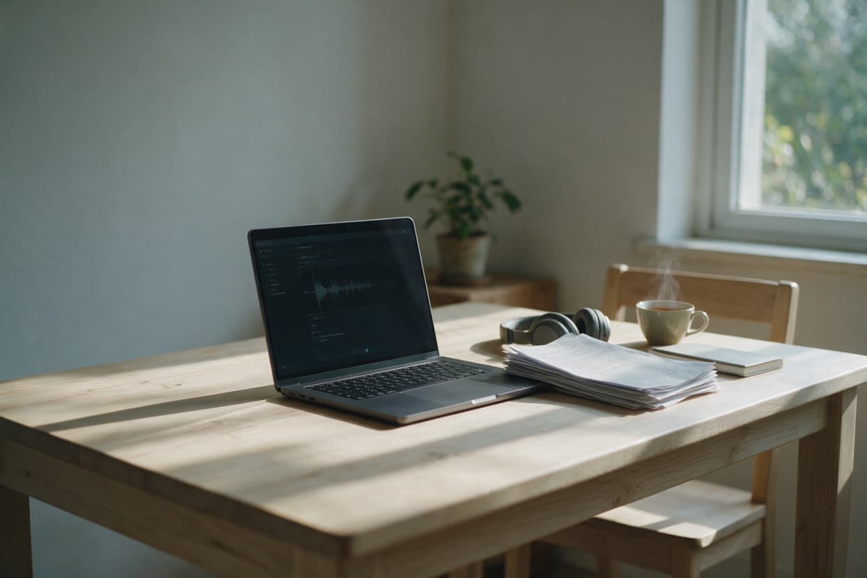 A linguist proofreading a printed transcript against the original recording