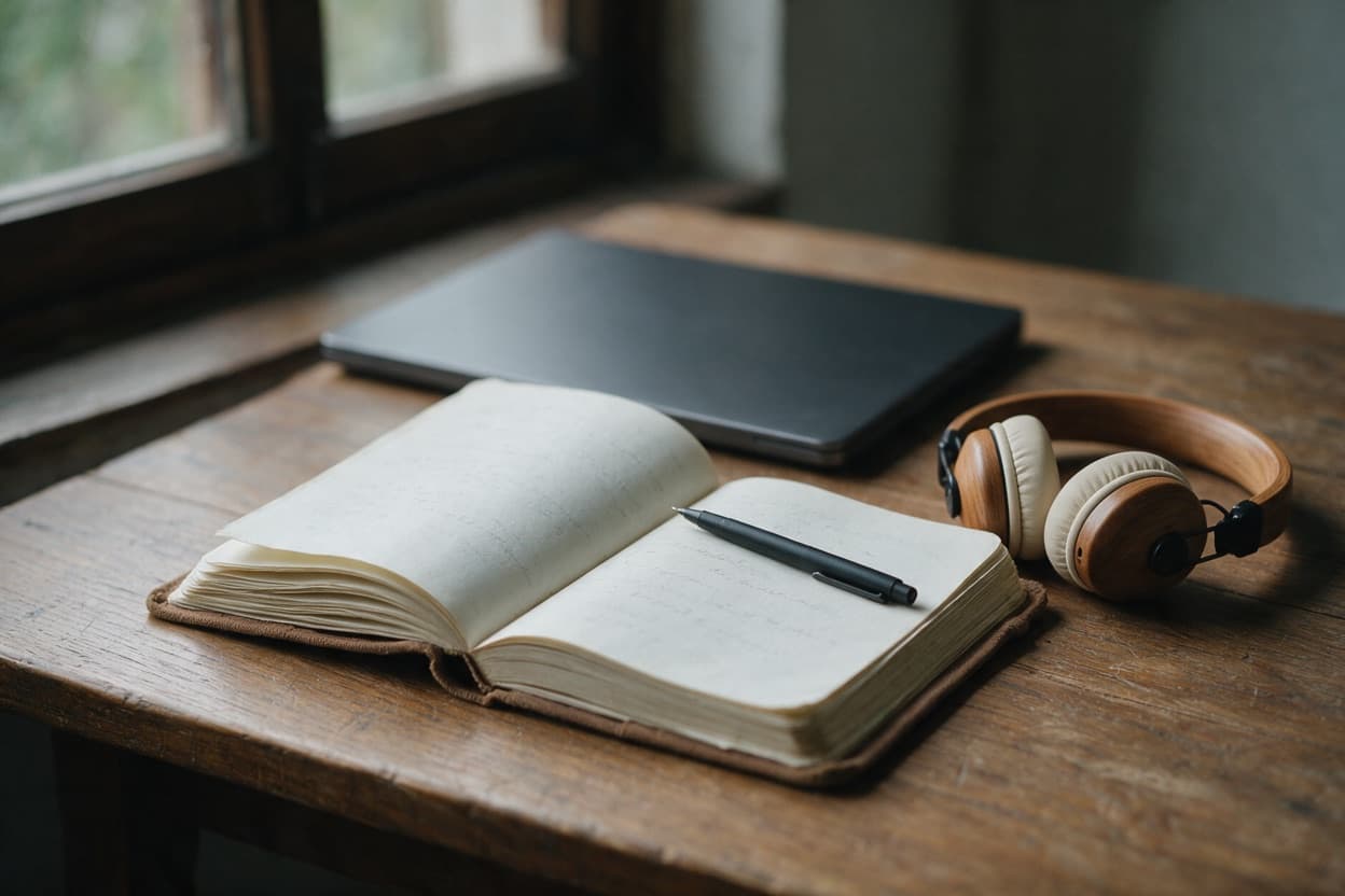 A linguist proofreading a printed transcript against the original recording
