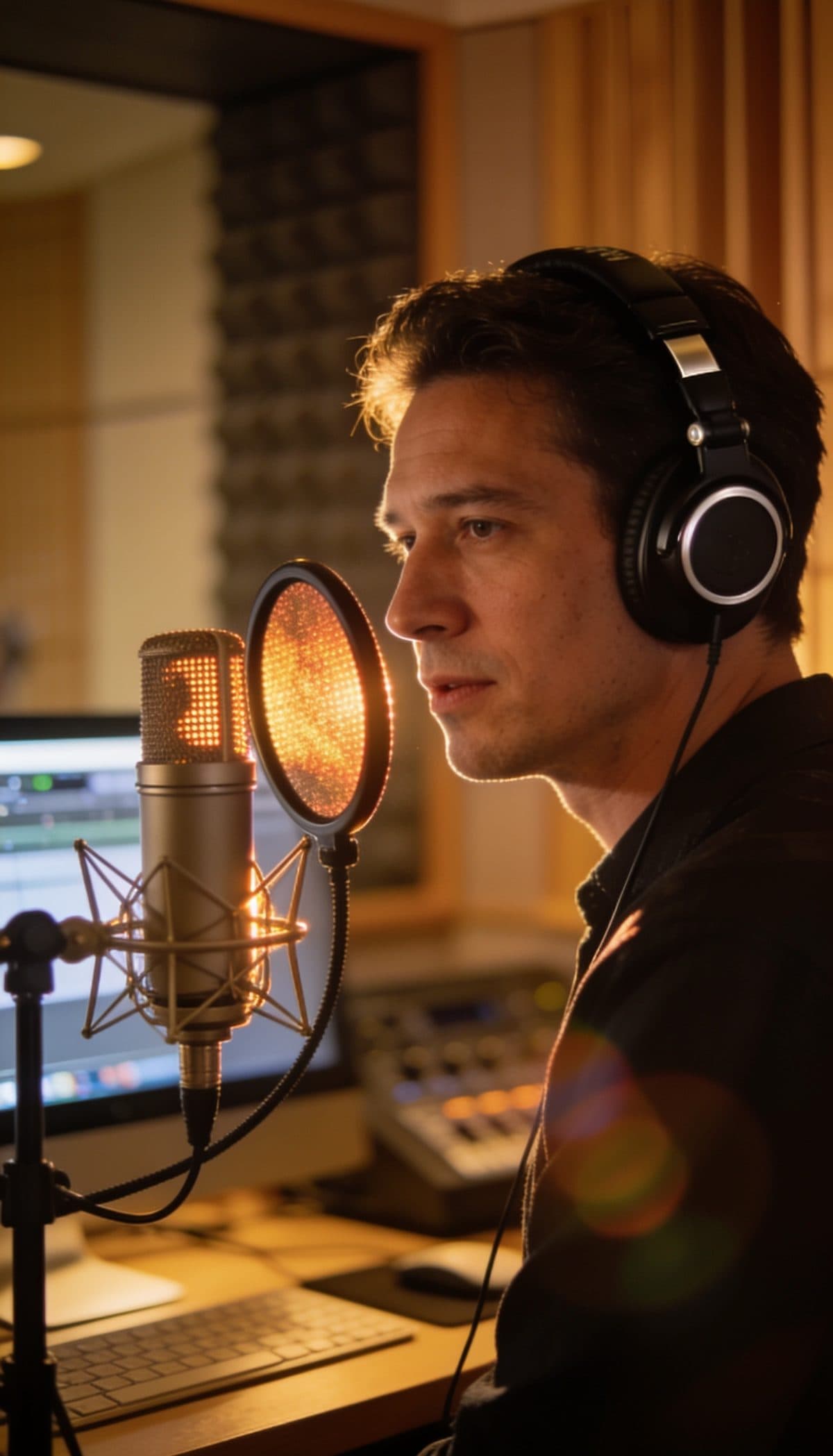 Voice actor performing a script in a recording studio