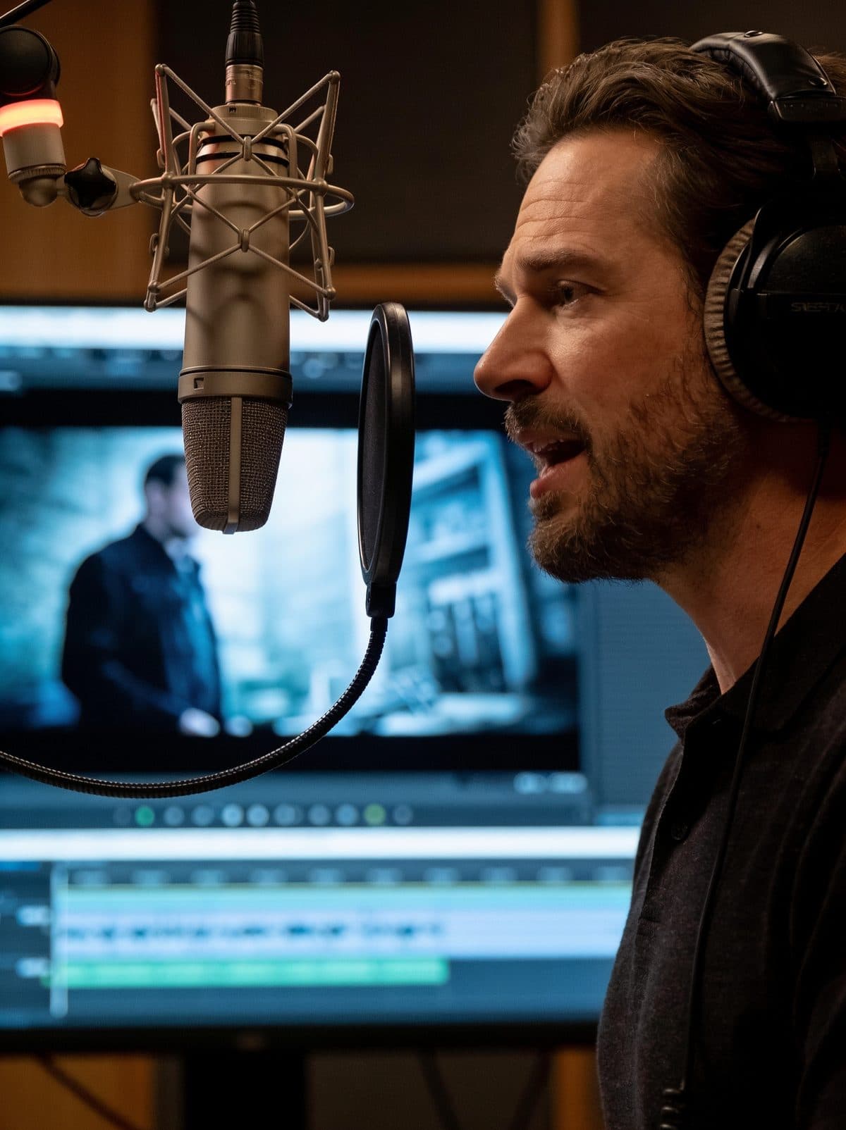 Voice actor recording film narration in a studio